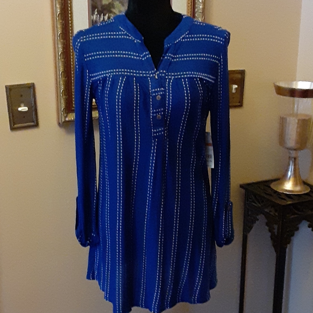 Kim Rogers blue dotted roll tab sleeves stretch tunic button front NEW Small …